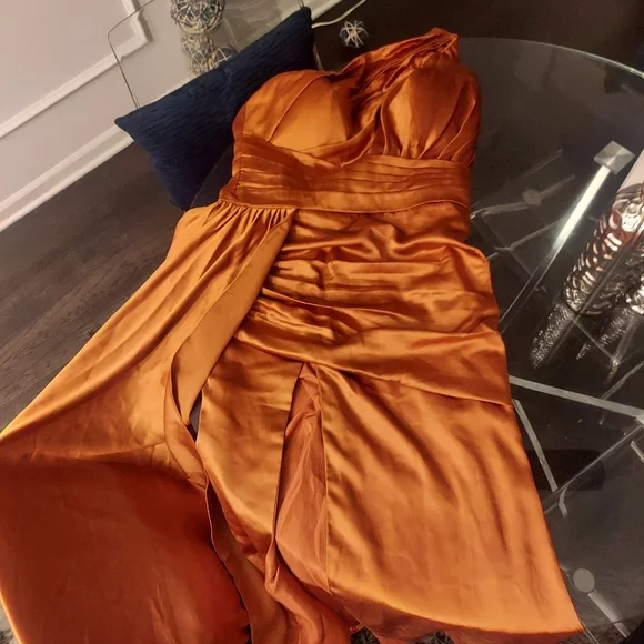 green emerald velvet dress Burnt Orange Mermaid Off Shoulder High Slit Long Bridesmaid Dresses Go –  SposaDresses main image 1